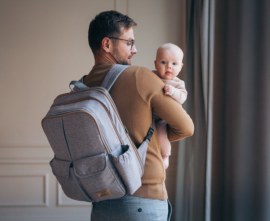 Bizzi Growin Baby Travel Crib Changing Rucsac in Windsor Grey lifestyle view