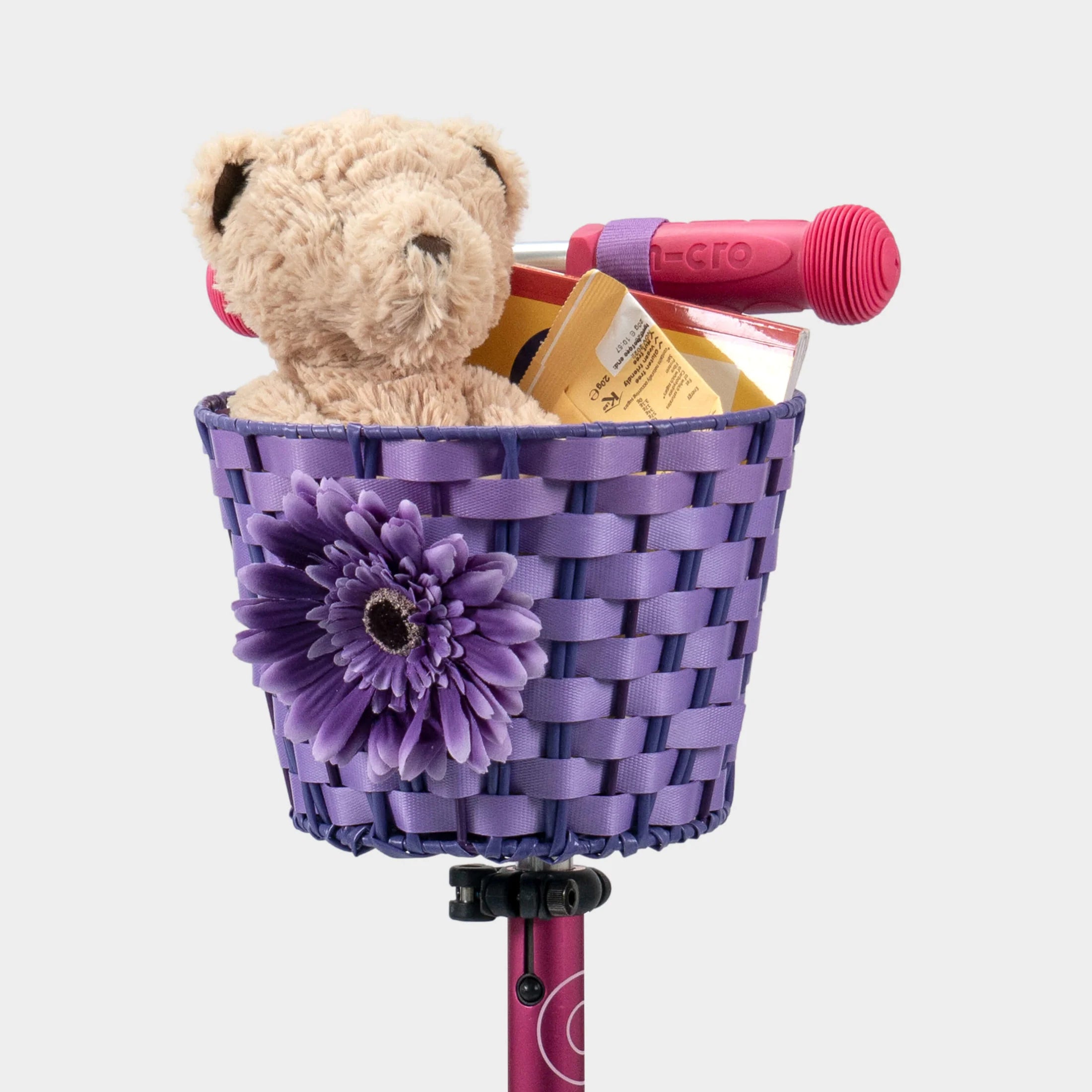Micro Scooter Flower Basket in Purple attached to a scooter